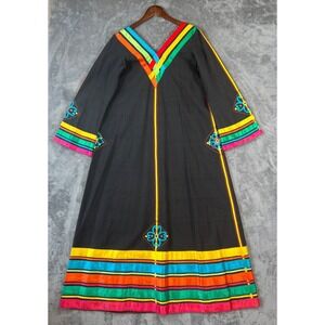 Vintage Josefa Kaftan Dress Embroidered Ribbon Boho Mexican Colorful Cotton